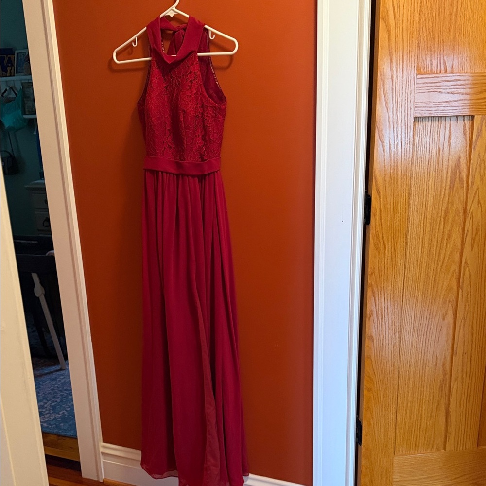Azazie Burgundy Lace Halter Gown